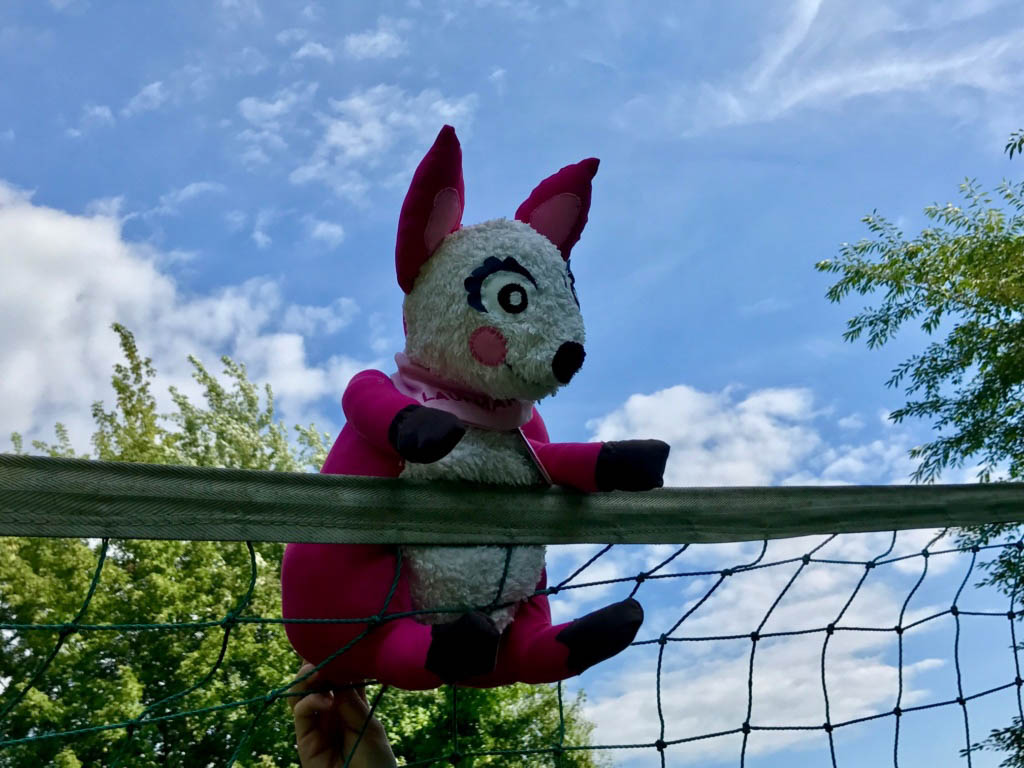 Polly Pink am Volleyballnetz