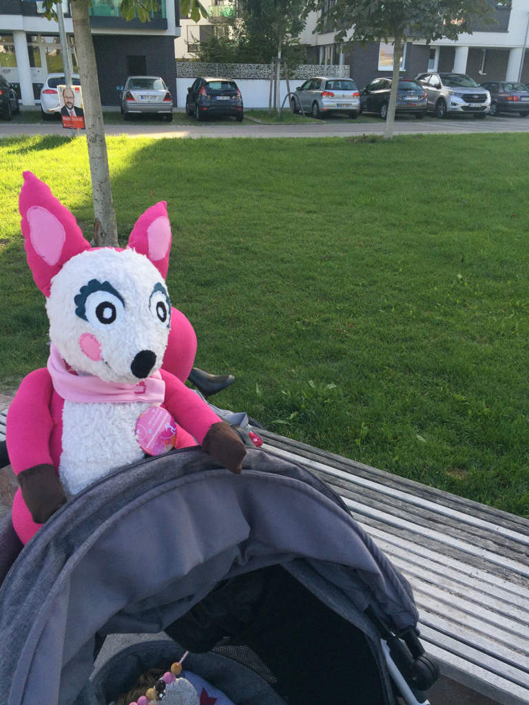 Polly Pink fährt im Kinderwagen mit